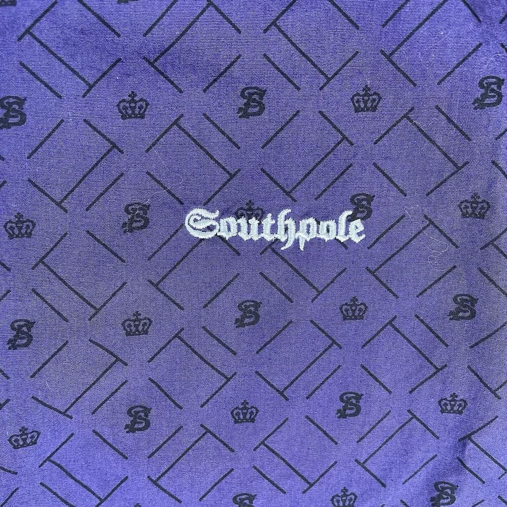 Vintage South Pole Shirt Mens 2XL XXL Purple AOP Print Logos Button Long Sleeve